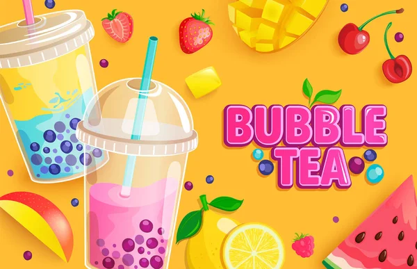 Banner Chá Bolha Bubbletea Com Frutas Berries Milkshake Smoothie Com —  Vetores de Stock