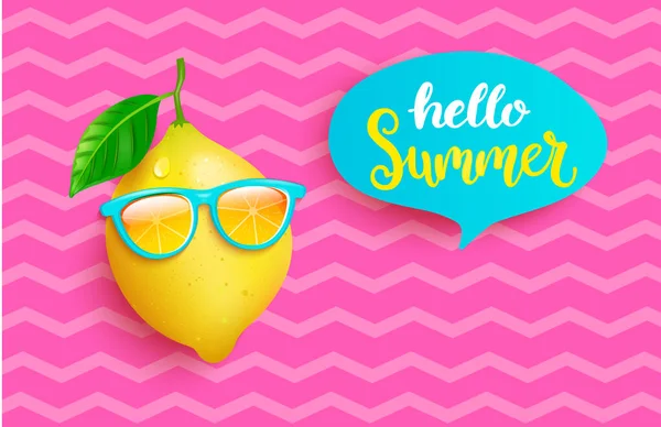 带橙色太阳镜的嬉皮士柠檬 带着粉红的复古背景 迎接夏天 热季的欢迎横幅 有趣和野餐 色彩艳丽的海报 带有异国情调的水果 矢量说明 — 图库矢量图片