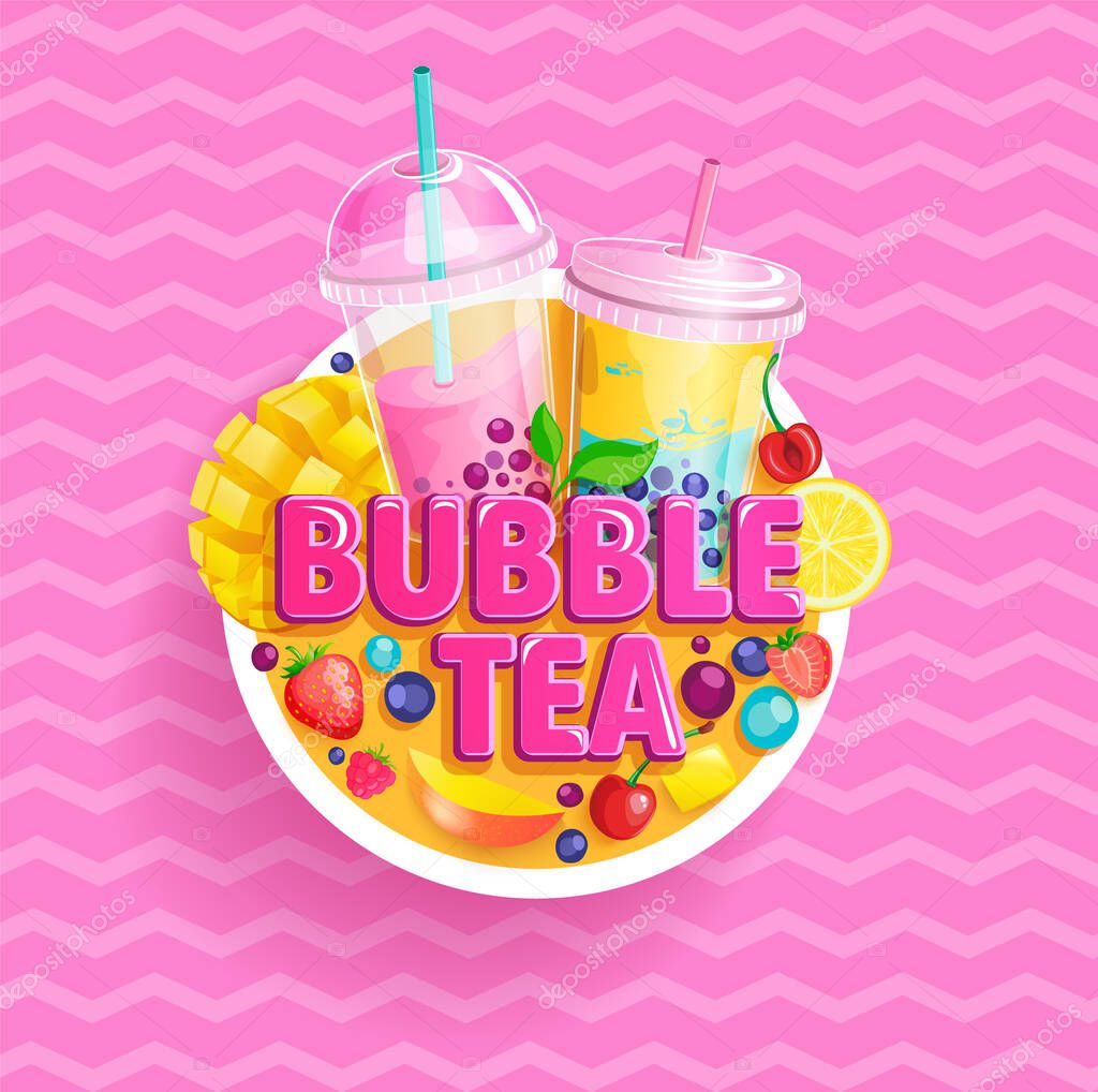 Bubble tea banner. Bubbletea with fruits and berries on sweet vintage background.Milkshake smoothie with mango, blueberries, tapioca, place for text and brand.Great for flyers, posters, cards. Vector.