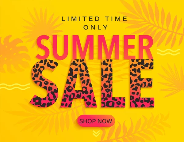 Summer Sale Banner Met Luipaard Print Tropische Bladeren Voor Hot — Stockvector