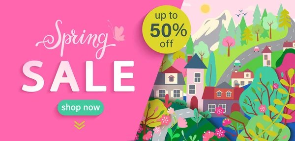 Spring Sale Flyer Banner Springtime Landscape Trees Flowers Houses Mountain — Stock Vector