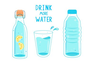 Daha fazla su için, bayrağı arayın. Şişelerde ve bardaklarda su var. El çizimi şirin vektör çizimi. Sağlık için H2O. Vücut bakımı.