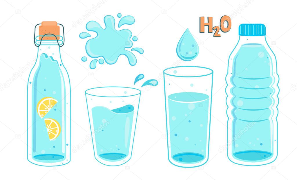 Set of water in bottles and glasses. Full bottle with lemon and glass, splash and water drop with text. Hand drawn cute vector illustartion. H2O for health.Drink more water.