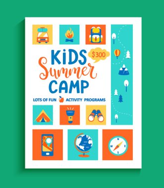 Çocukların yaz kampı afişi, el yazması mektuplar, kamp malzemeleri, seyahat ekipmanları, çadır, sırt çantası ve diğerleri için düz stil, bir sürü eğlence ve aktivite programı. Vektör illüstrasyonu.