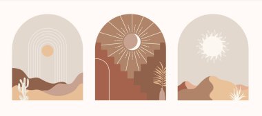 Manzara, çöl, kum tepeleri, geometrik denge şekilleri, gökkuşağı ve güneş ile soyut ve çağdaş estetik arka plan. Terracotta renkleri. Boho duvar dekorasyonu. İç dekorasyonda duvar baskısı..