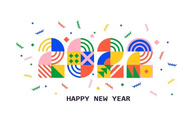 İçinde basit geometrik şekiller ve konfeti figürleri bulunan 2022 yılbaşı afişi. Tebrik kartı, davetiye, poster, el ilanı, web için şablon. Beyaz arkaplanda izole edilmiş vektör illüstrasyonu.