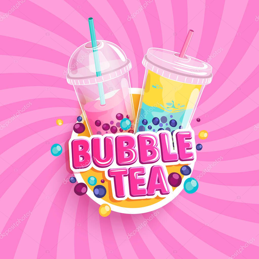 Bubble tea banner on sweet sunburst background. Bubbletea with fruits and berries Milkshake smoothie in plastic cups with place for text and brand.Great for flyers, posters, cards.Vector illustration.