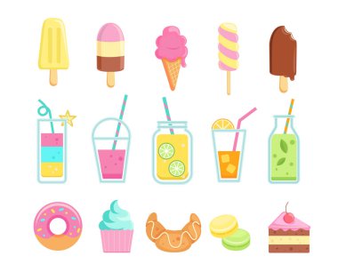 Lezzetli yaz içecekleri ve yemek ikonları. Farklı lezzetlerde dondurma, limonata, detoks, smoothie, abur cubur, bagel, pasta. Reklam için vektör, tasarım, baskı,.