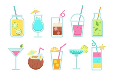 Basit bir alkolsüz ve alkolsüz içecek seti. Yaz limonata ve soda, kahve, smoothie, meyve suyu, shake, detoks ve böylece .vektör illüstrasyon ağ, tasarım, iz beyaza izole edildi.