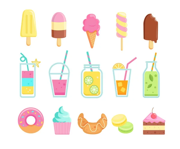 Set Tasty Sweet Summer Drinks Food Icons Ice Cream Different — Stock Vector