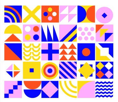 Geometrik minimalist arkaplan basit geometri şekilleri ve şekiller-çember, kare, üçgen, çizgi. Kapaklar, web, iş sunumu, baskı için posterler, el ilanları ve afiş tasarımları. Vektör illüstrasyonu