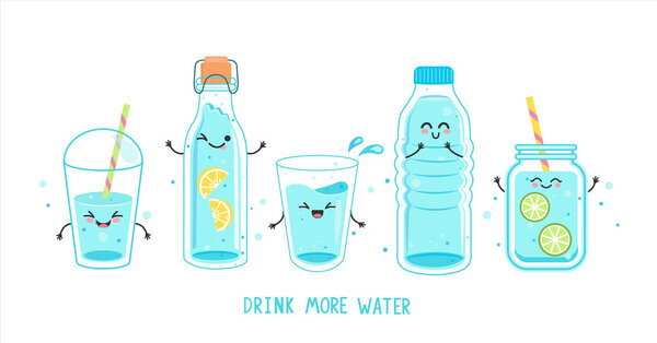 Set of funny water characters in bottles and glasses. Kawaii smiling full glass,plastic takeaway cup, bottle with lemon, detox with lime, text. Hand drawn cute vector. H2O for health.Drink more water.