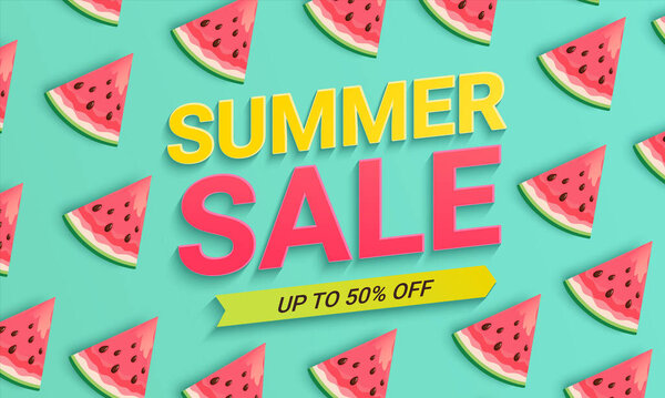 Bright summer sale banner for hot season 2021 with watermelons.Up to 50 percent discounts, sweet berries pattern n.Poster, flyer with invitation to shopping.Template for design.Vector Illustration.