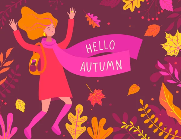 Banner Otoño Con Chica Feliz Bufanda Con Inscripción Hola Otoño — Archivo Imágenes Vectoriales