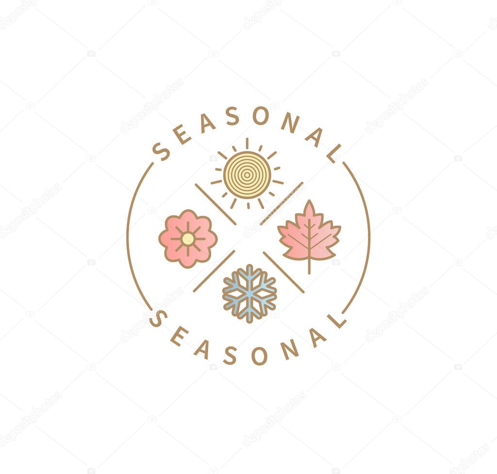 Symbols for 4 seasons. Icon set with signs for hot summer,cold winter,red autumn and green spring. Snowflake, maple leaf, sun and flower. Great template for logo, web, design. Vector illustration.