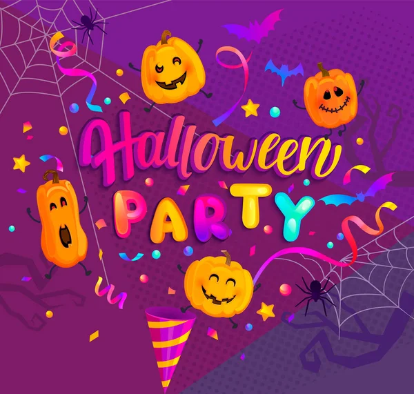 Halloween Banner Kids Invite Happy Party Holiday Monster Pumpkins Bat — Stock Vector