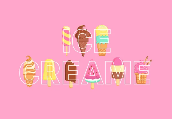 Word Ice Creams Line Style Full Sundaes Background Sweet Summer — Stock Vector