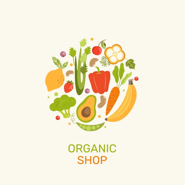 Organic Shop Banner Vegetables Berries Fruits Natural Products Banana Lemon — Stock Vector