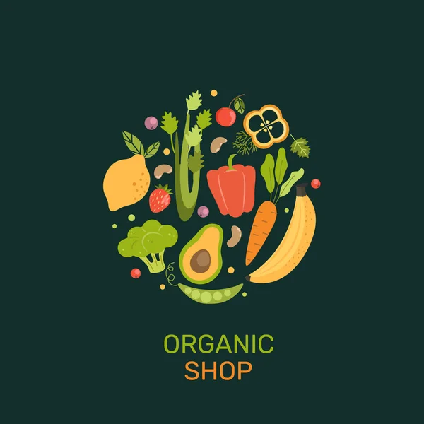 Banner Tienda Ecológica Con Verduras Dibujos Animados Bayas Frutas Productos — Archivo Imágenes Vectoriales