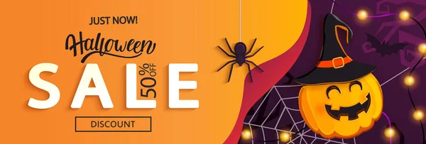 Halloween Sale Banner Horizontal Com Com Abóbora Bruxa Convidando Para Ilustrações De Bancos De Imagens Sem Royalties