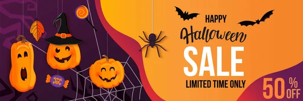 Halloween Vendita Banner Orizzontale Con Con Zucche Mostro Invitante Allo Vettoriale Stock