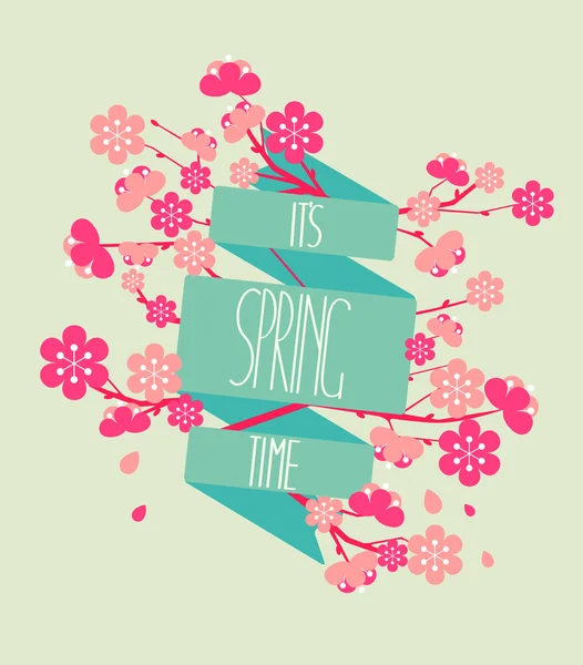 Le printemps arrive inscription et fleurs de cerisier — Image vectorielle