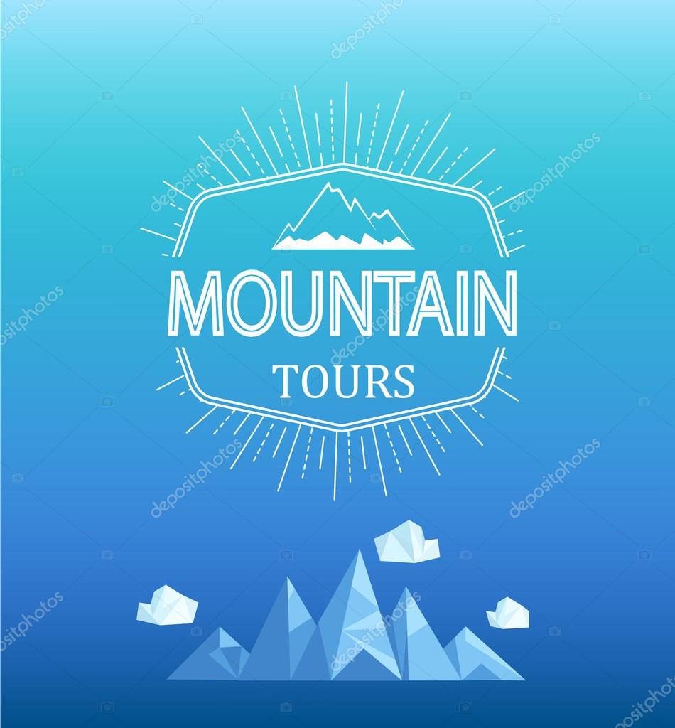 Vector mountain emblem in outline style. Geometric crystal mountain and clouds in polygon style.