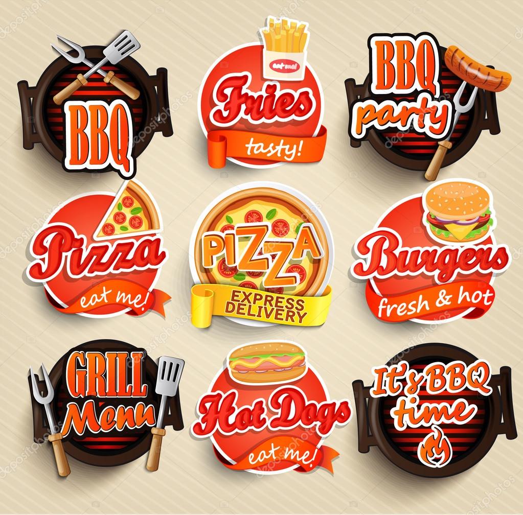 Fast food and BBQ Grill elements, Typographical Design Label or Sticer - burgers, pizza, hot dog, fries - Design Template. Vector illustration.