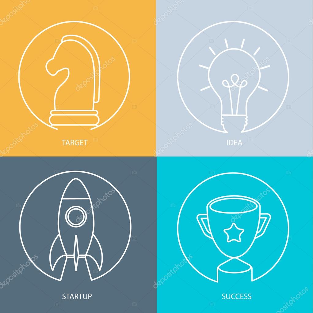 Outline web icons set - startup, idea, target, success. Modern vector logo collection concept.
