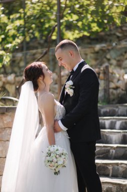 Güzel gelini ve yakışıklı damadı düğün gününde dışarıda yürüyor. Mutlu yeni evliler. Üzüm tarlasının arka planı