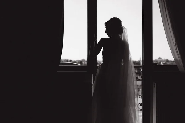 Silhouette de mariée élégante près de la fenêtre, photo noir et blanc — Photo