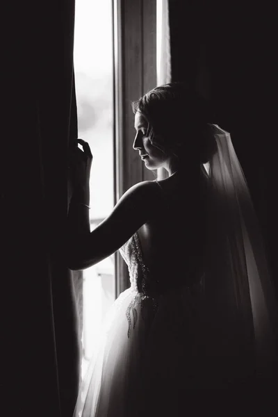 Silhouette elegáns menyasszony áll az ablak mellett, fekete-fehér fotó — Stock Fotó