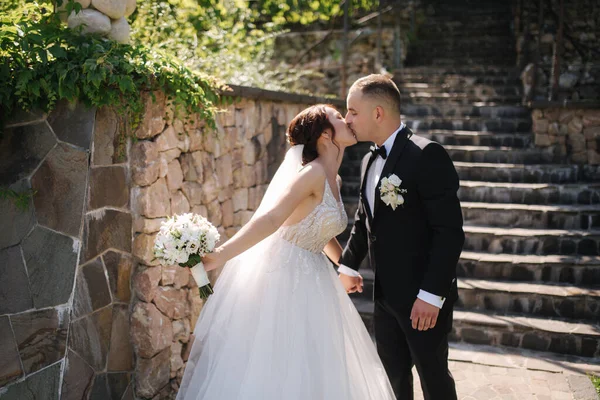 Bella sposa con il suo bel sposo a piedi fuori il giorno del matrimonio theri. Sposi novelli e felici. Sullo sfondo del campo di uve — Foto Stock