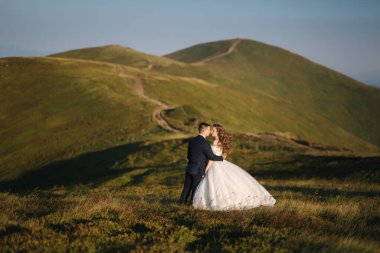 Damat ve gelin dağlardaki tepede. Green Hill 'in önünde bir düğün çifti. Yeni evliler, güzel bir yaz gününde gün batımında dağlarda romantik anların tadını çıkarıyorlar.