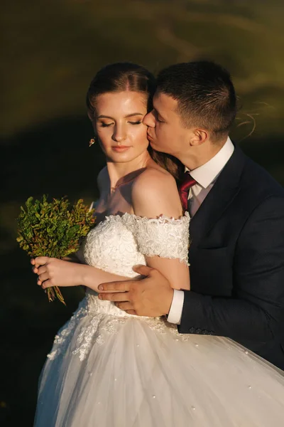 Retrato de novia atractiva y elegante novio disfrutando de momentos románticos en las montañas al atardecer en un hermoso día de verano. Pareja de bodas. Colinas verdes en el fondo — Foto de Stock