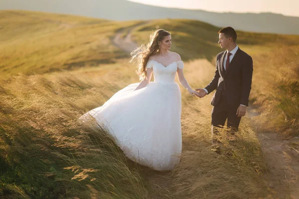 Ganzkörperporträt der attraktiven Braut und des stilvollen Bräutigams, die romantische Momente in den Bergen bei Sonnenuntergang an einem schönen Sommertag genießen. Hochzeitspaar im Feld — Stockfoto