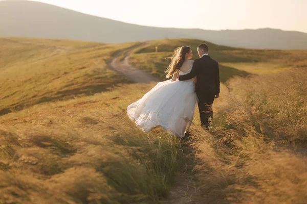Rückansicht der attraktiven Braut und des stilvollen Bräutigams, die romantische Momente in den Bergen bei Sonnenuntergang an einem schönen Sommertag genießen. Hochzeitspaar im Feld — Stockfoto