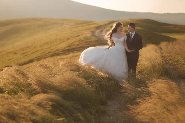 Ganzkörperporträt der attraktiven Braut und des stilvollen Bräutigams, die romantische Momente in den Bergen bei Sonnenuntergang an einem schönen Sommertag genießen. Hochzeitspaar im Feld — Stockfoto