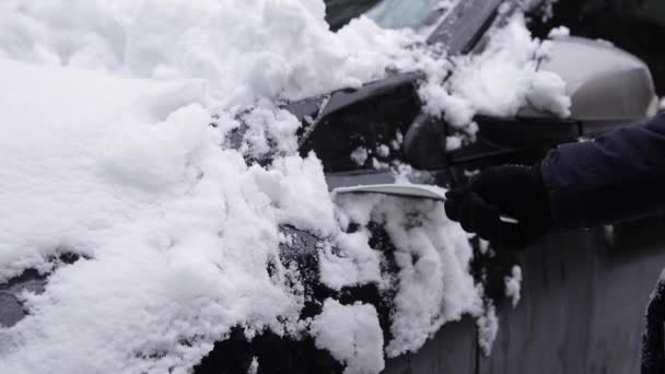 Primer plano de la mujer es la limpieza de la ventana nevada en un coche con rascador de nieve. Concéntrate en el rascador. Una fría mañana nevada y helada. Coche negro — Vídeo de stock