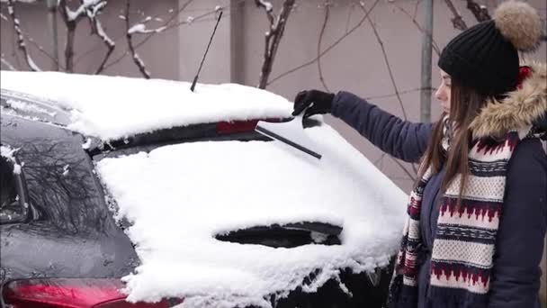 En kvinna rengör snöiga fönster på en bil med snöskrapa. Vacker kvinna som är klädd i warmy rengör sin bil utomhus. Kall snöig och frostig morgon. Svart bil — Stockvideo