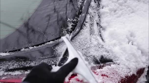 Close up de mulher está limpando janela nevada em um carro com raspador de neve. Concentra-te no raspador. Manhã fria e gelada. Carro preto — Vídeo de Stock