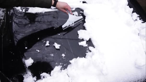 雪のスクレーパーで車の雪の窓を掃除している男の閉じる。スクレーパーに集中しろ。寒い雪と霜の朝。黒車 — ストック動画