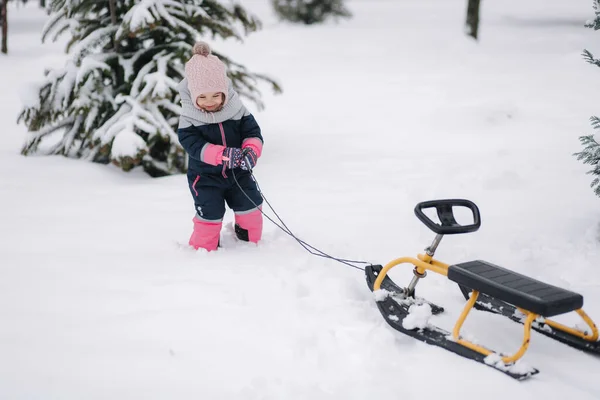 Holčička chodí po sněhu a zvedá saně. Aktivní volný čas venku v zimním období. Roztomilá holčička — Stock fotografie