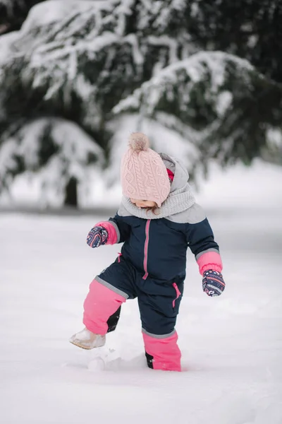 Šťastná holčička, co se prochází v parku na sněhu. Rozkošná holčička v růžovém klobouku a kombinéze procházky v lese v zimě sněžný den — Stock fotografie