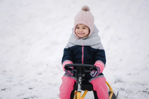 Menina desfrutar de um passeio de trenó. Miúdo a patinar. Crianças trenó no parque no inverno. Diversão ao ar livre para férias de Natal em família — Fotografia de Stock