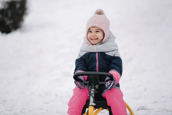 Menina desfrutar de um passeio de trenó. Miúdo a patinar. Crianças trenó no parque no inverno. Diversão ao ar livre para férias de Natal em família — Fotografia de Stock