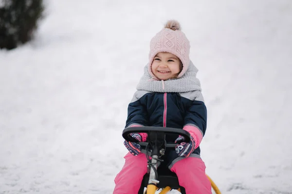 Menina desfrutar de um passeio de trenó. Miúdo a patinar. Crianças trenó no parque no inverno. Diversão ao ar livre para férias de Natal em família — Fotografia de Stock
