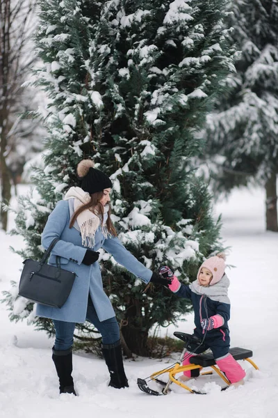 Menina gostando de trenó. A mãe andou de trenó com a filha. Férias em família na véspera de Natal ao ar livre — Fotografia de Stock