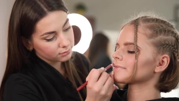 Vue latérale du travail du maquilleur avec un beau modèle de cheveux blonds. Blog du maquilleur. Gros plan — Video