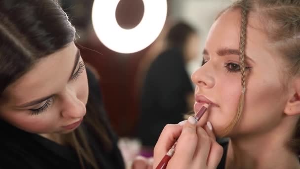 Vista lateral de maquillaje artista trabajo con hermosa modelo de pelo rubio. Blog de maquillador. Primer plano. — Vídeo de stock